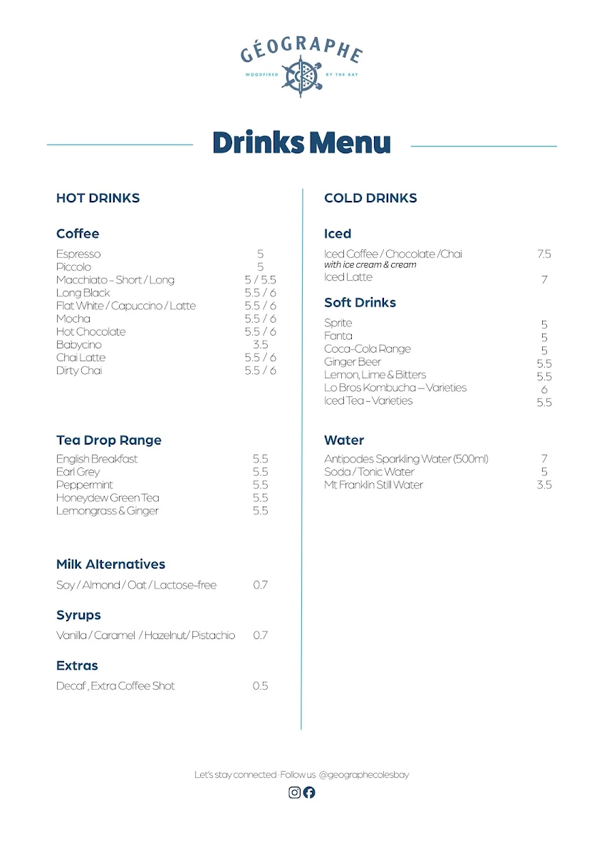 Menu, Geographe Restaurant and Espresso Bar
