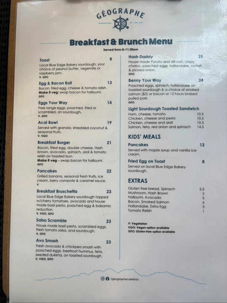 Menu, Geographe Restaurant and Espresso Bar