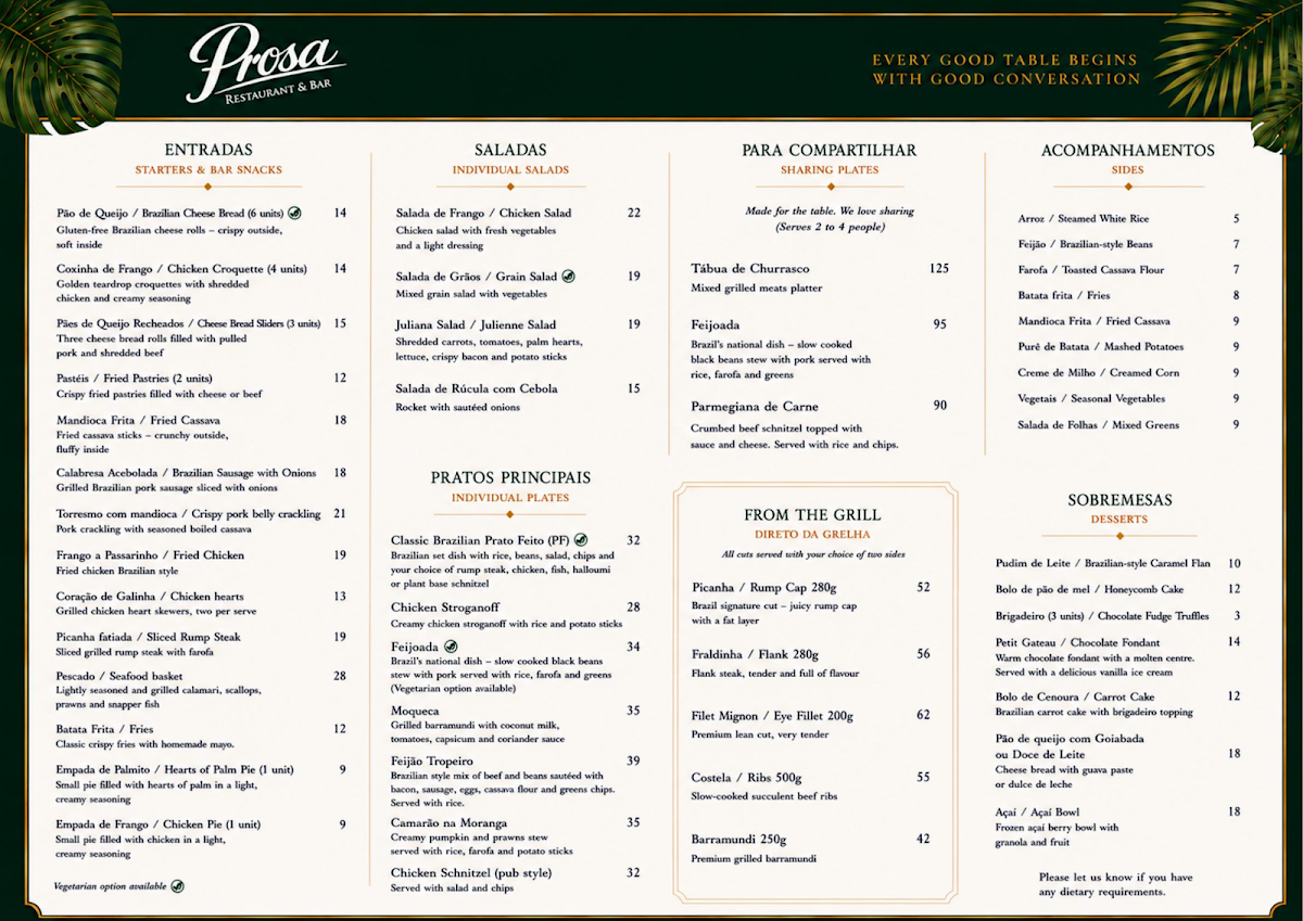 Menu, Prosa Cafe