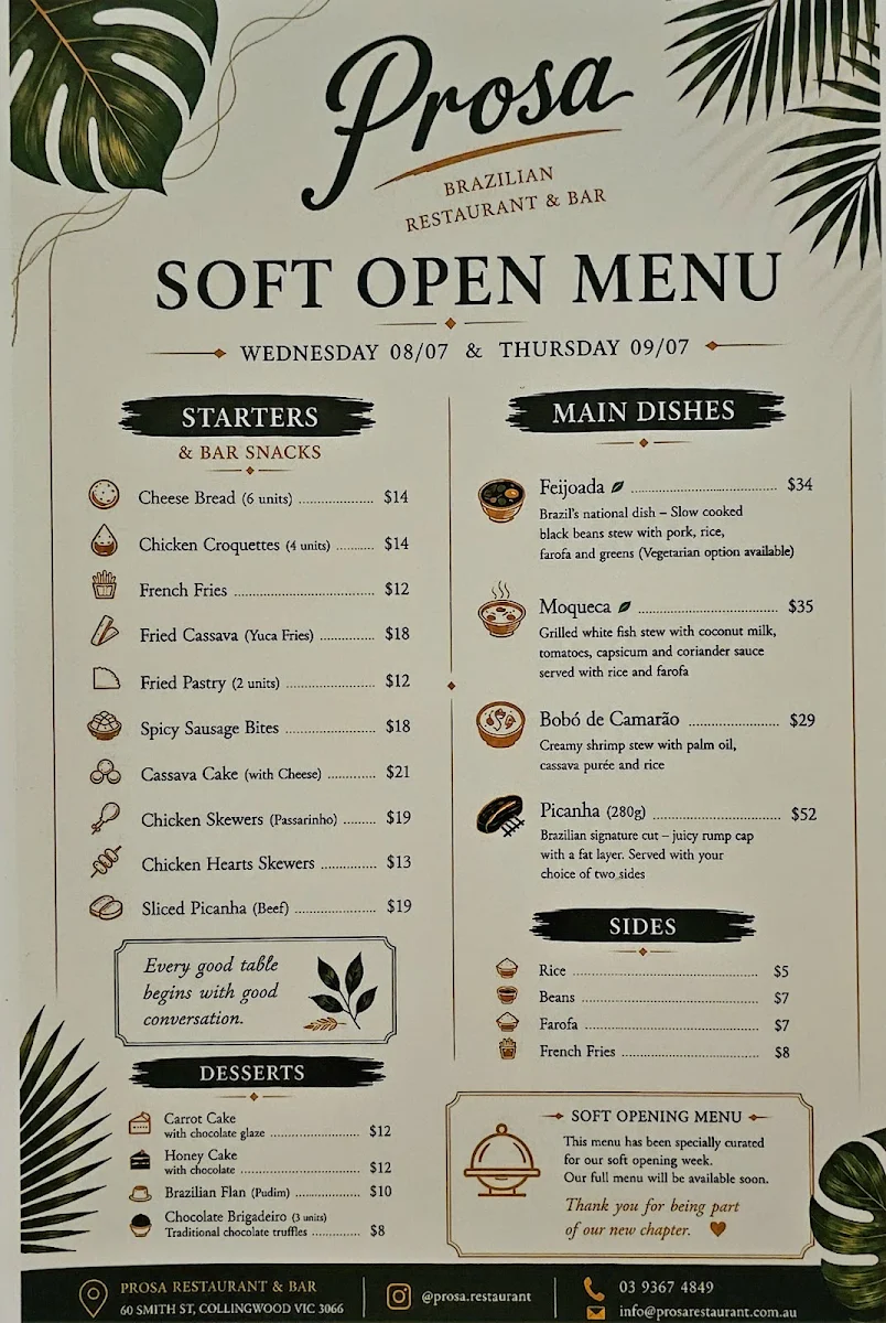 Menu, Prosa Cafe