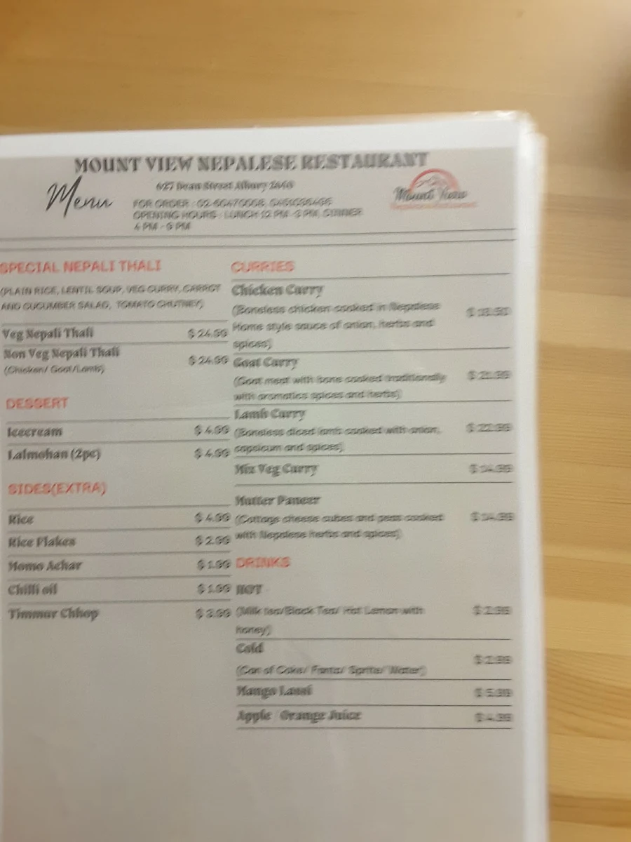 Menu, Mount View Nepalese Resturant