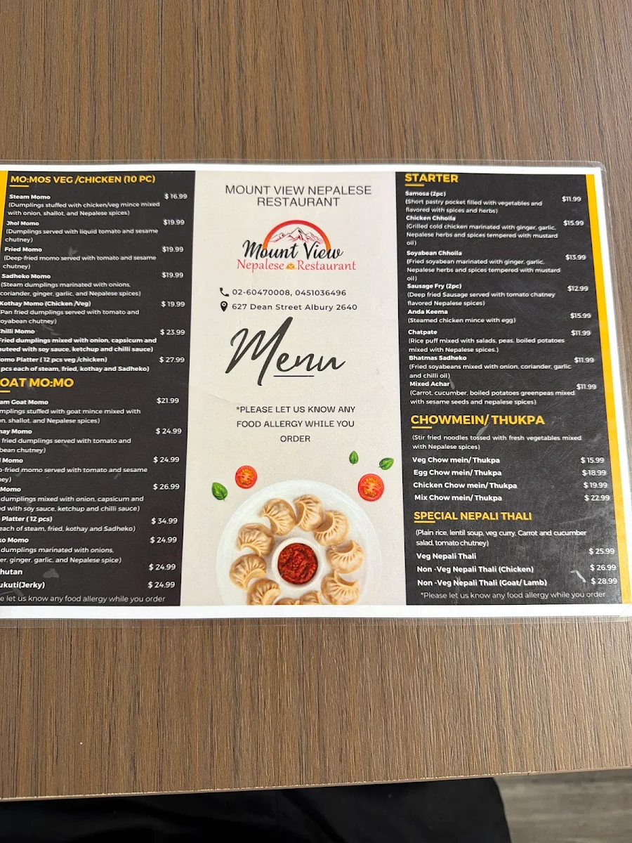 Menu, Mount View Nepalese Resturant
