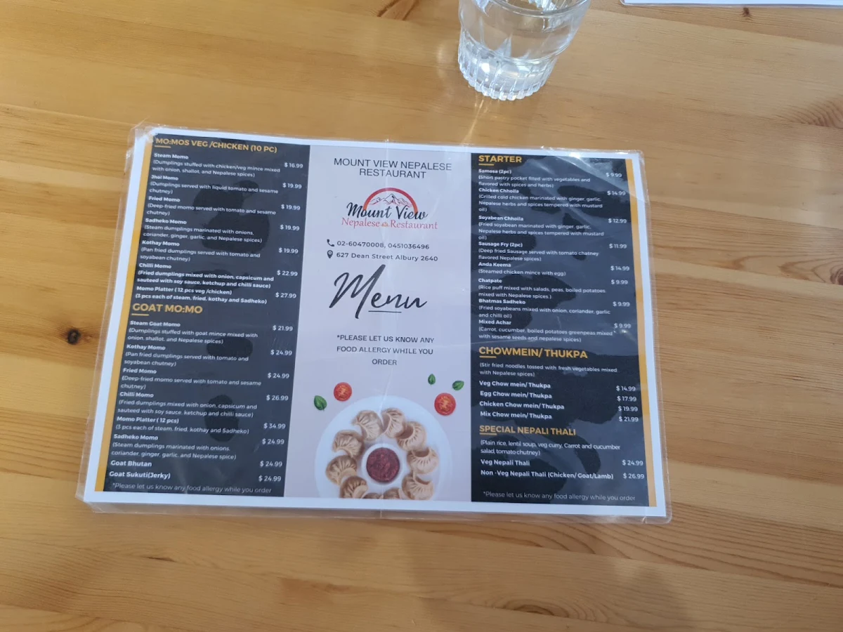 Menu, Mount View Nepalese Resturant