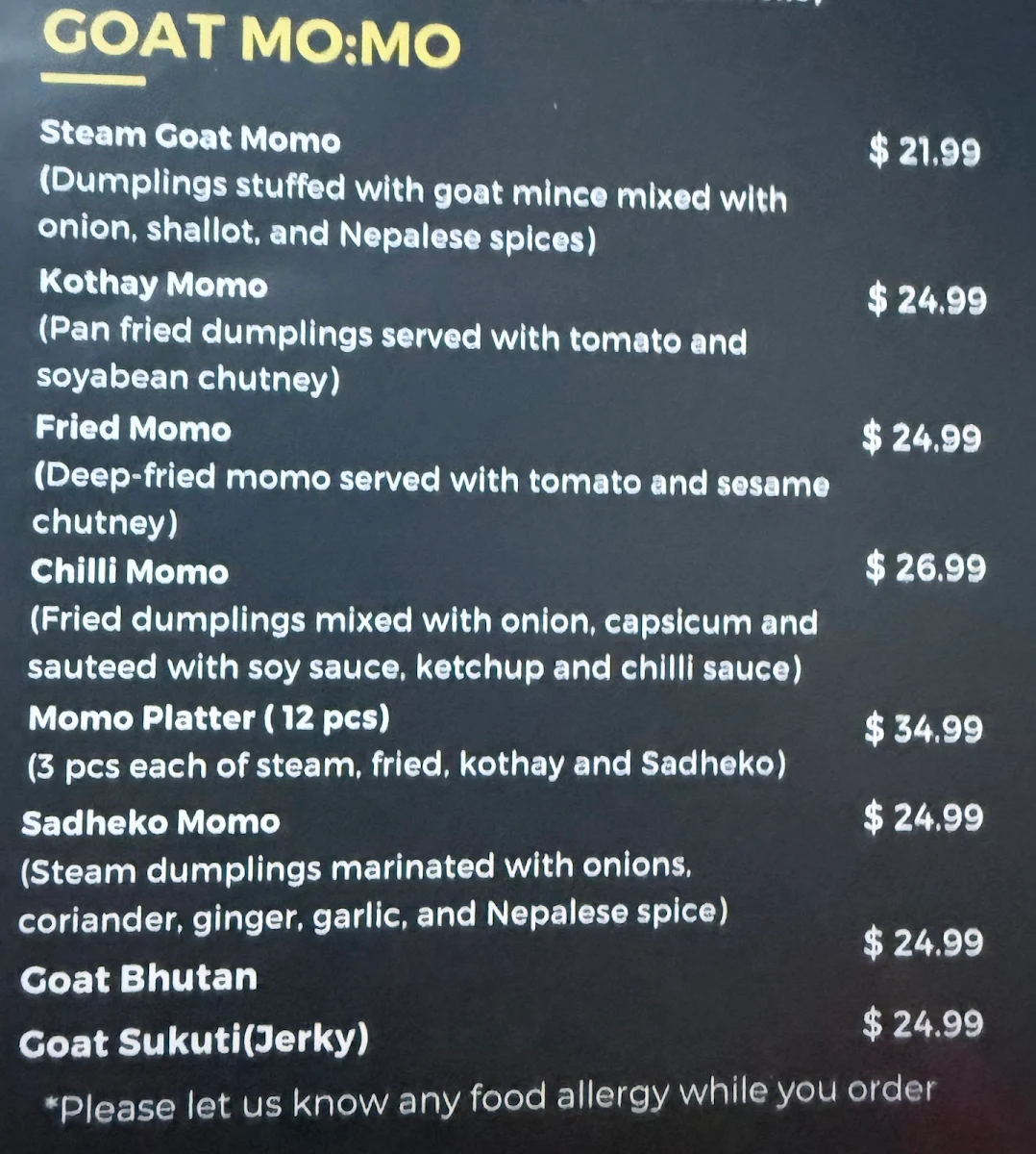 Menu, Mount View Nepalese Resturant