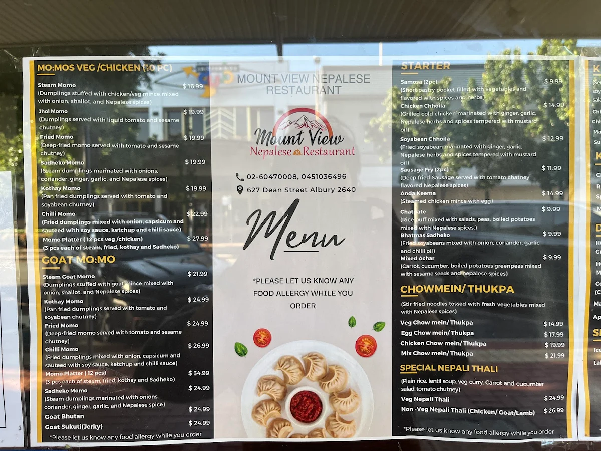 Menu, Mount View Nepalese Resturant