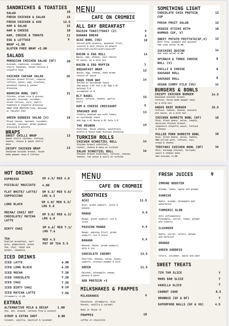 Menu, Cafe on Crombie