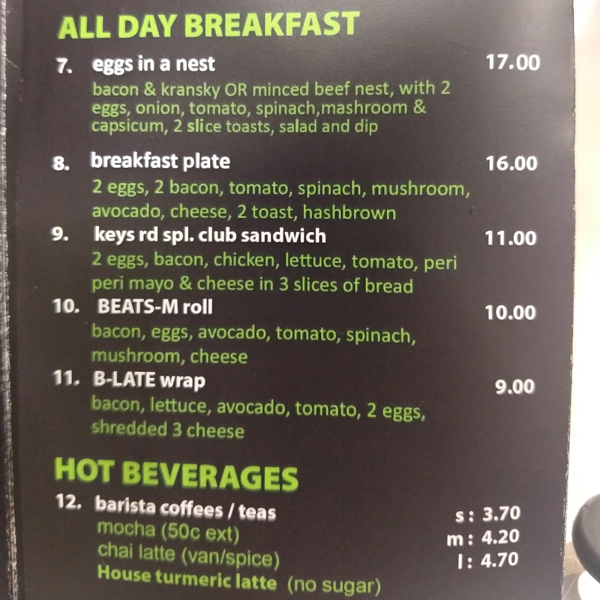 Menu, Keys Road Cafe
