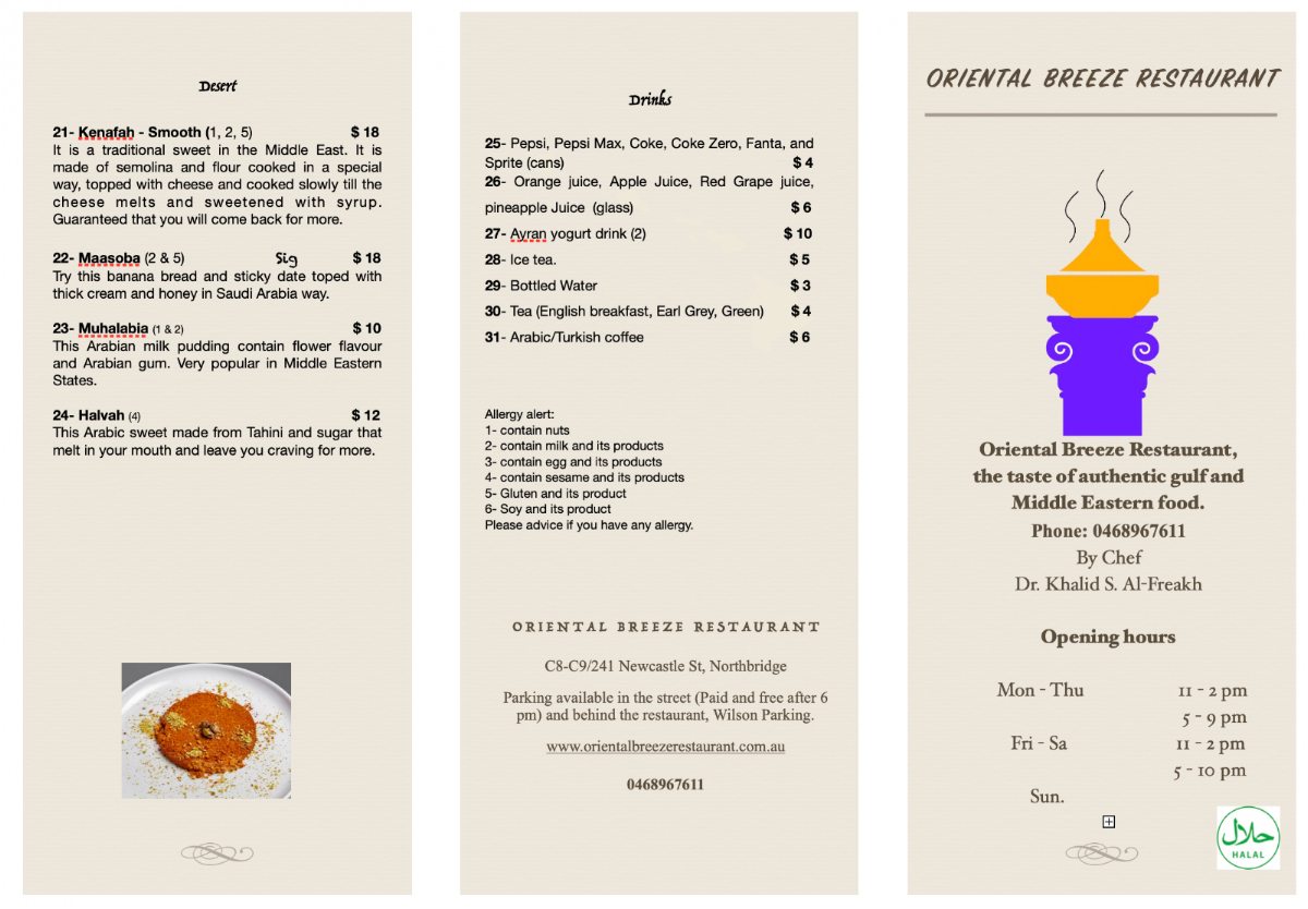 Menu, Oriental Breeze Restaurant (Halal Saudi and Middle Eastern cusine in Perth)