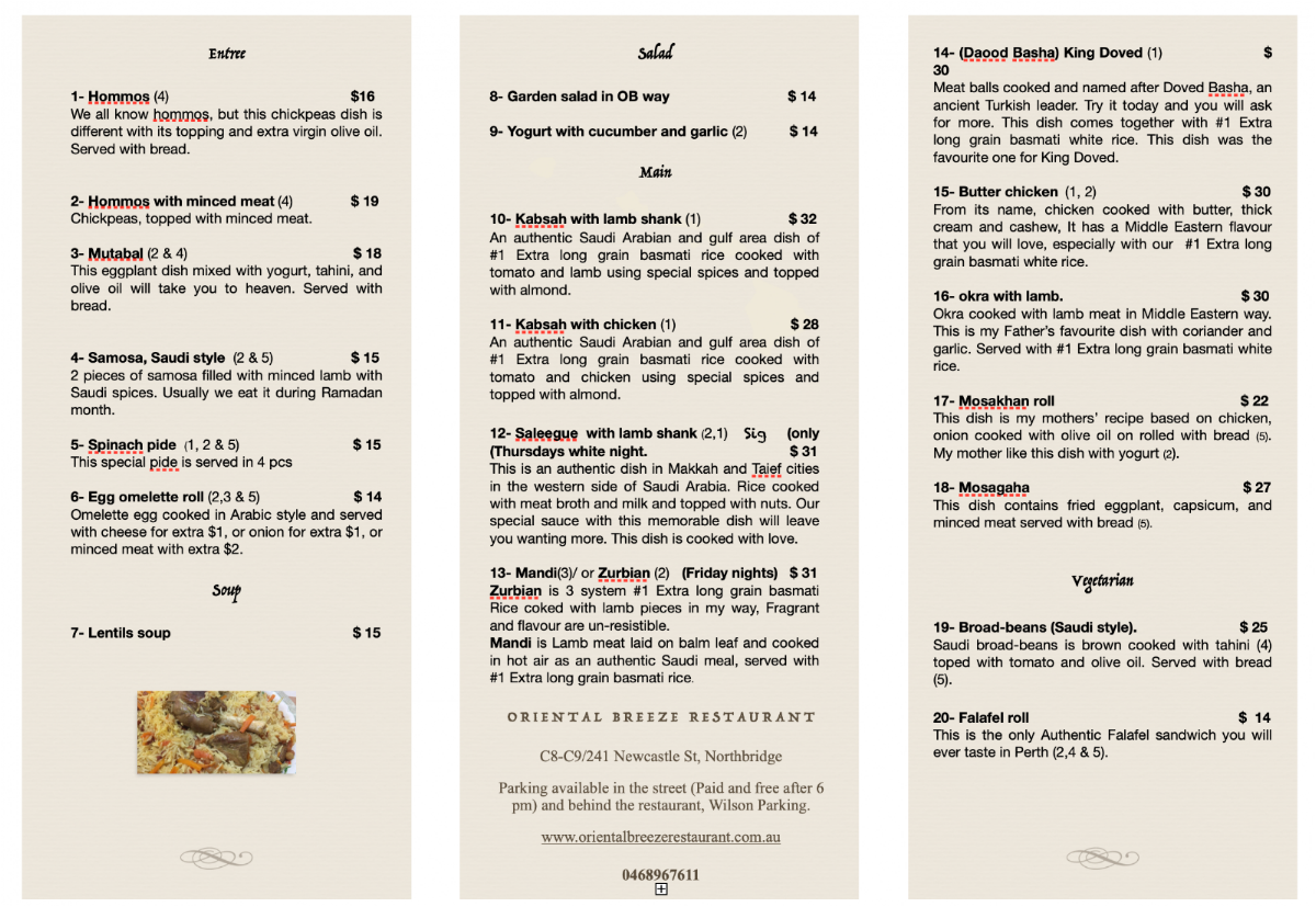 Menu, Oriental Breeze Restaurant (Halal Saudi and Middle Eastern cusine in Perth)