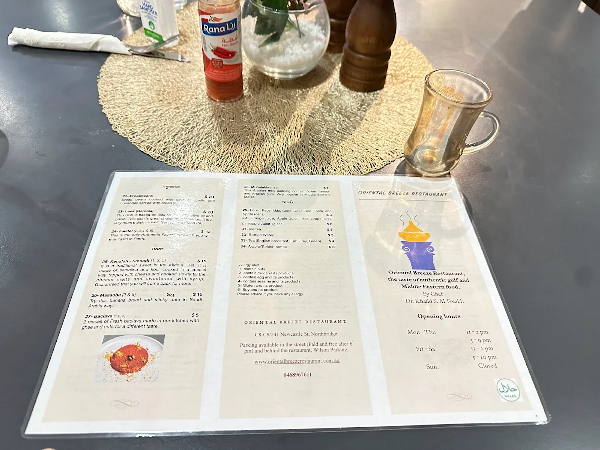 Menu, Oriental Breeze Restaurant (Halal Saudi and Middle Eastern cusine in Perth)