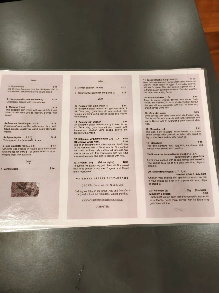 Menu, Oriental Breeze Restaurant (Halal Saudi and Middle Eastern cusine in Perth)