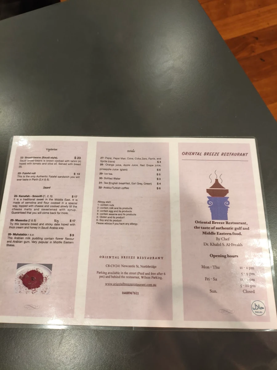 Menu, Oriental Breeze Restaurant (Halal Saudi and Middle Eastern cusine in Perth)