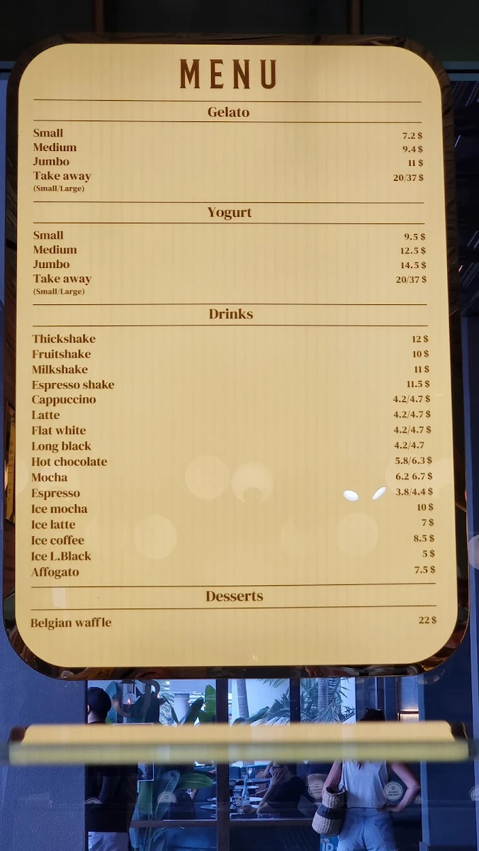 Menu, Anita Gelato Cronulla