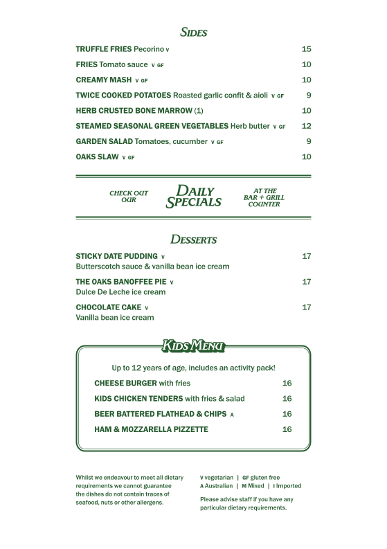 Menu, The Oaks