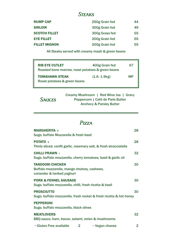 Menu, The Oaks