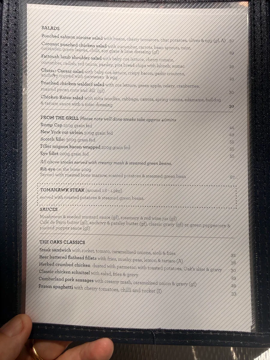 Menu, The Oaks
