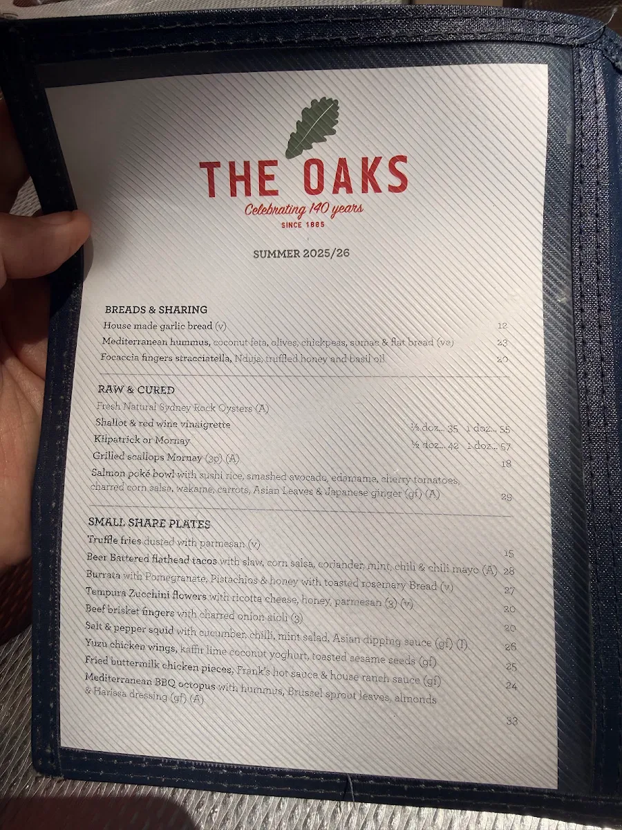 Menu, The Oaks
