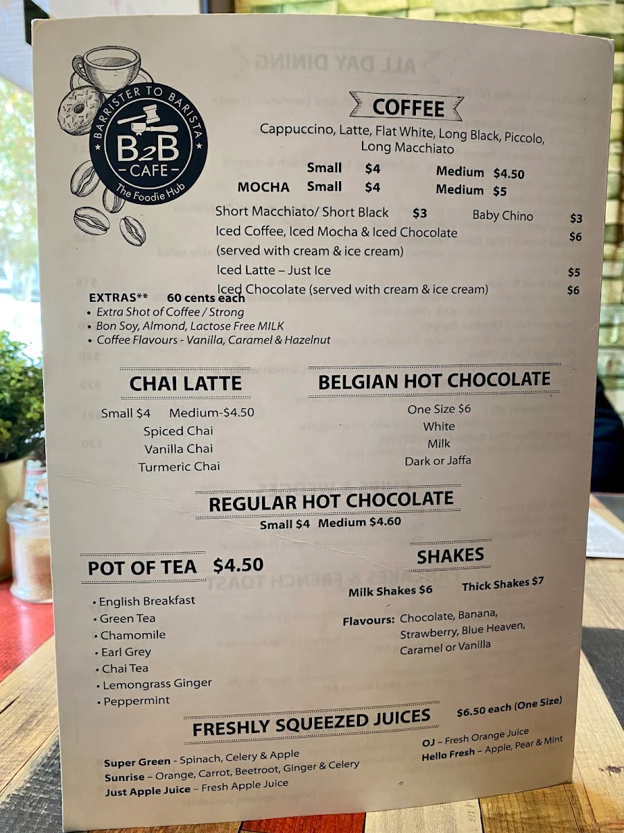 Menu, Cafe B2B Barrister To Barista By Jaffa