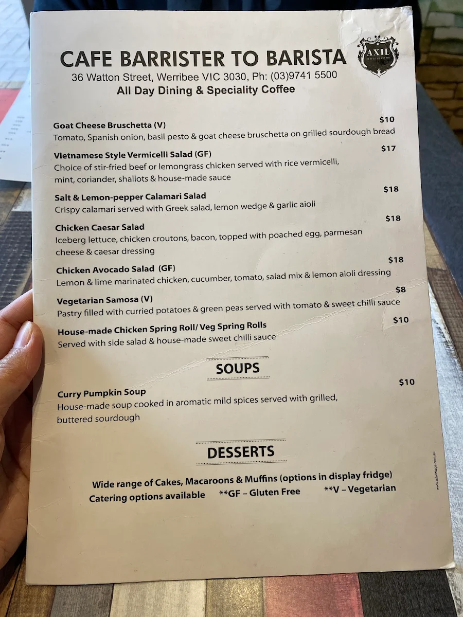 Menu, Cafe B2B Barrister To Barista By Jaffa