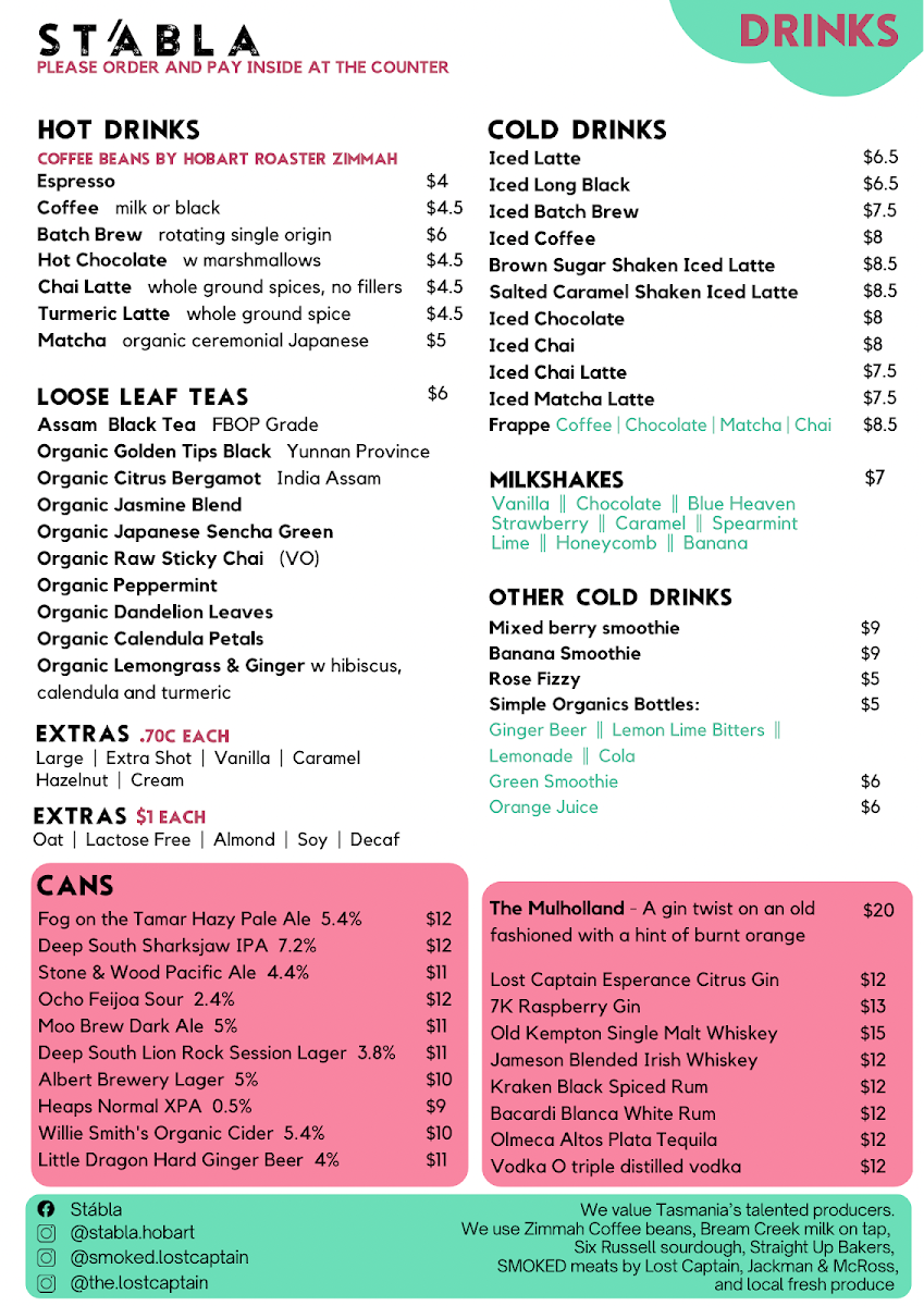 Menu, Stábla Hobart Coffee Shop