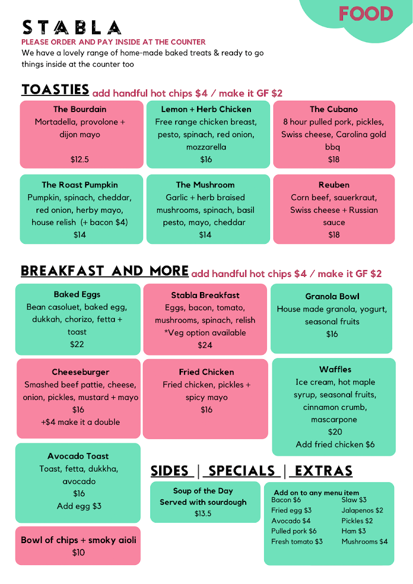 Menu, Stábla Hobart Coffee Shop