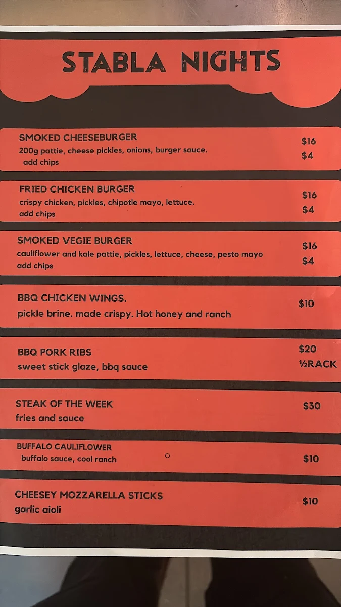 Menu, Stábla Hobart Coffee Shop
