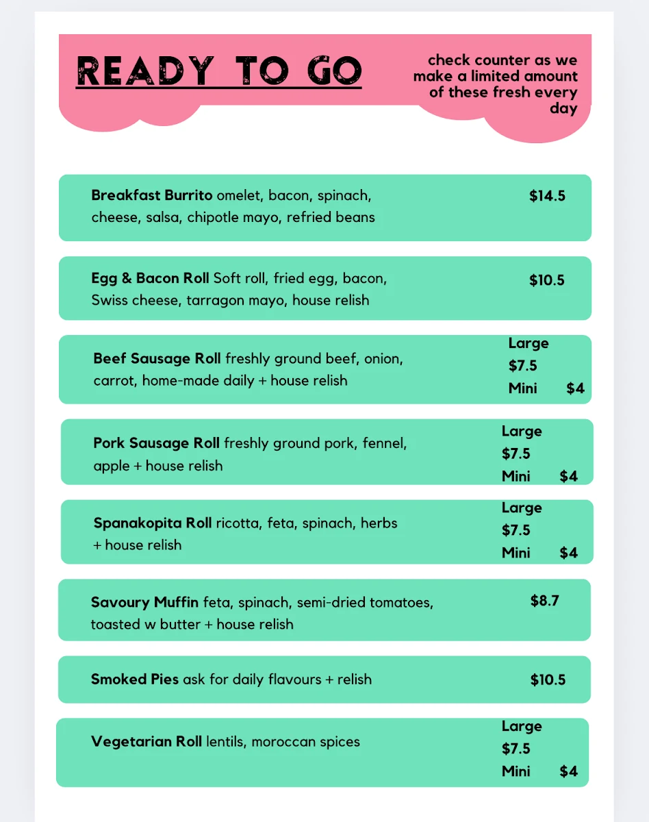 Menu, Stábla Hobart Coffee Shop
