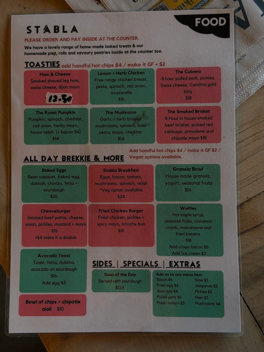 Menu, Stábla Hobart Coffee Shop