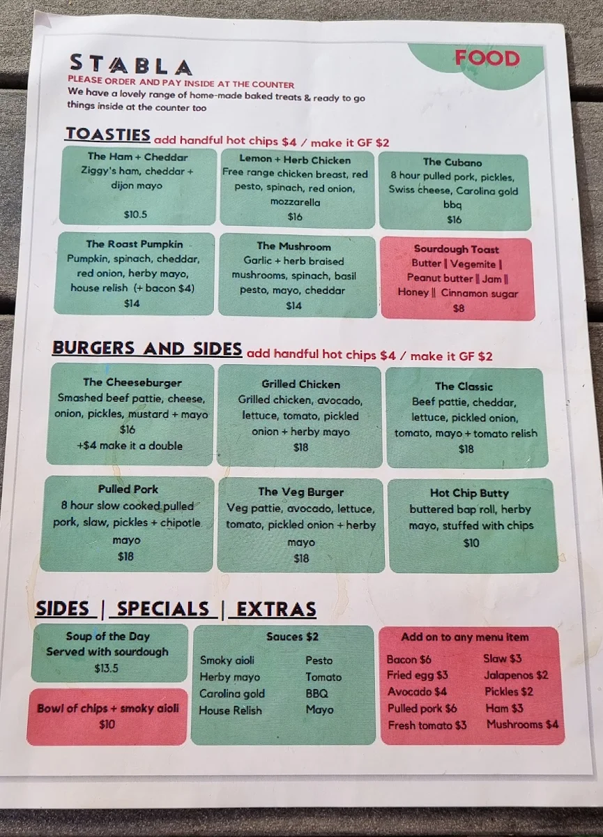 Menu, Stábla Hobart Coffee Shop