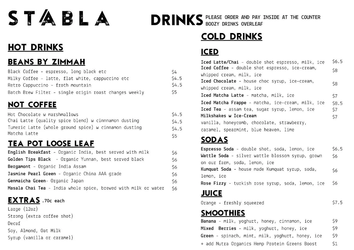 Menu, Stábla Hobart Coffee Shop