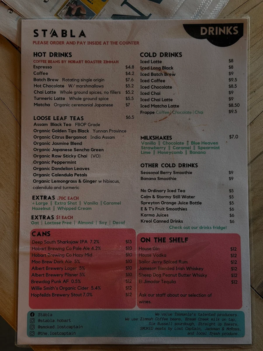 Menu, Stábla Hobart Coffee Shop