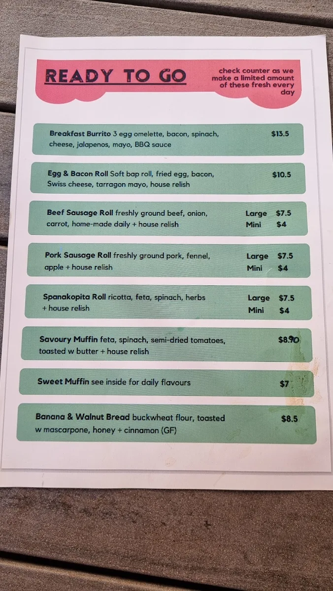 Menu, Stábla Hobart Coffee Shop