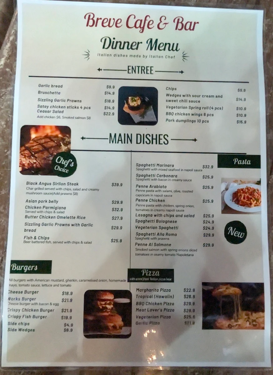 Menu, Breve's Cafe & Bar