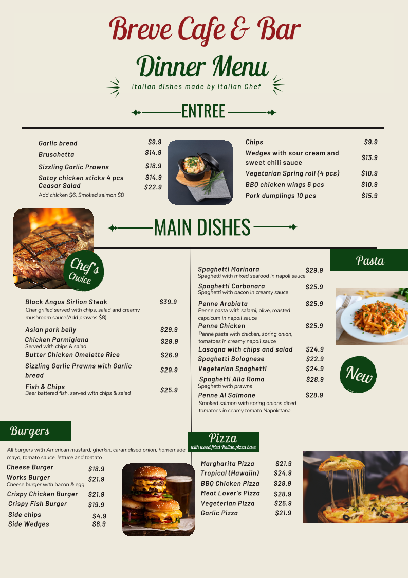 Menu, Breve's Cafe & Bar