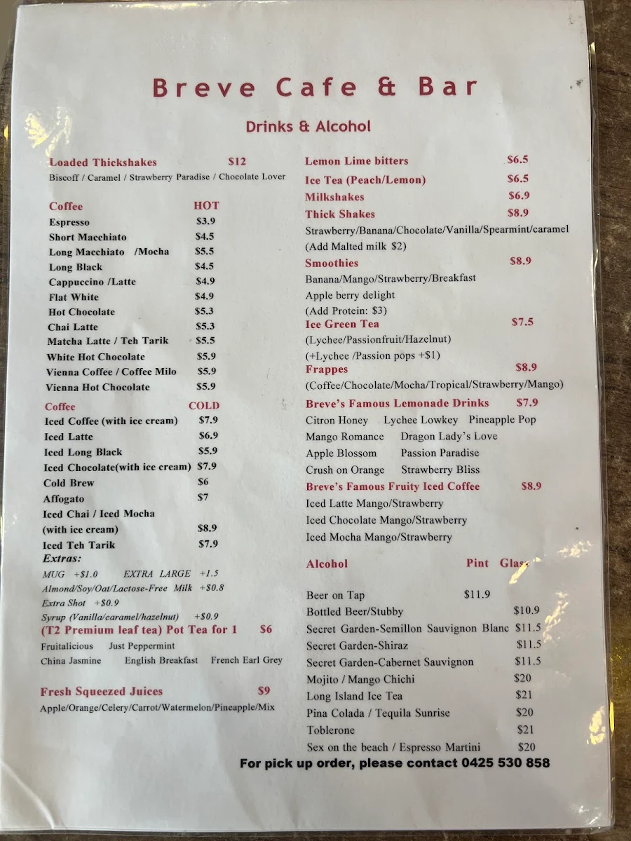 Menu, Breve's Cafe & Bar