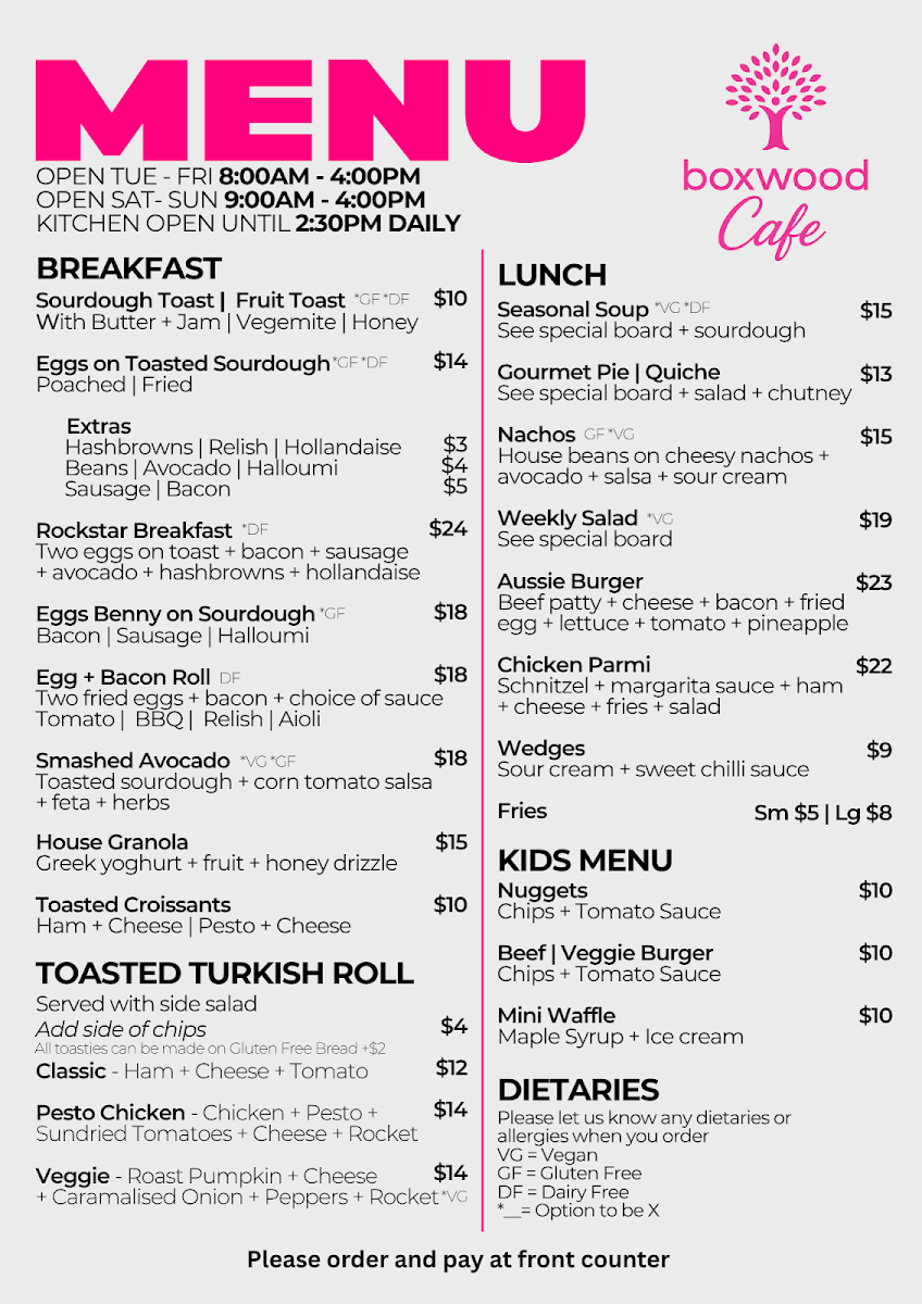 Menu, Boxwood Cafe