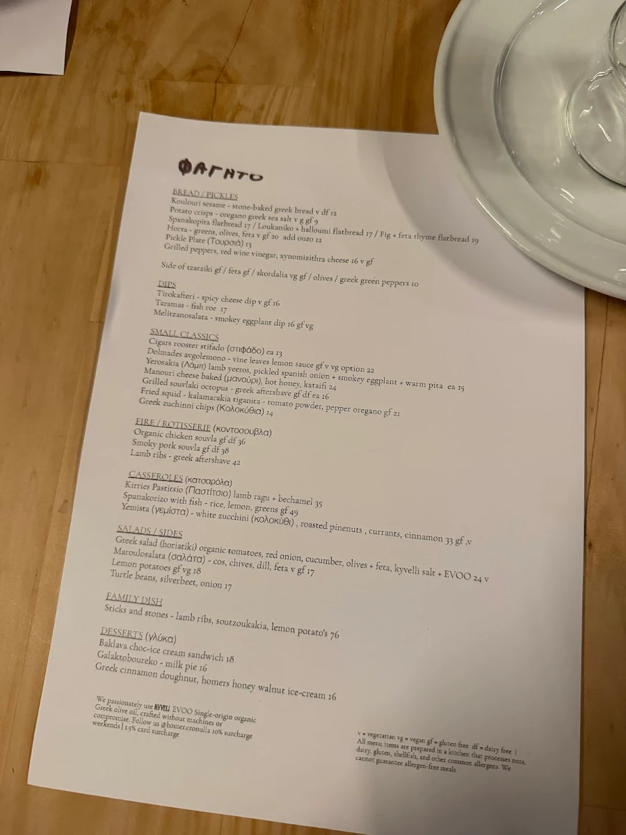 Menu, Homer Rogue Taverna