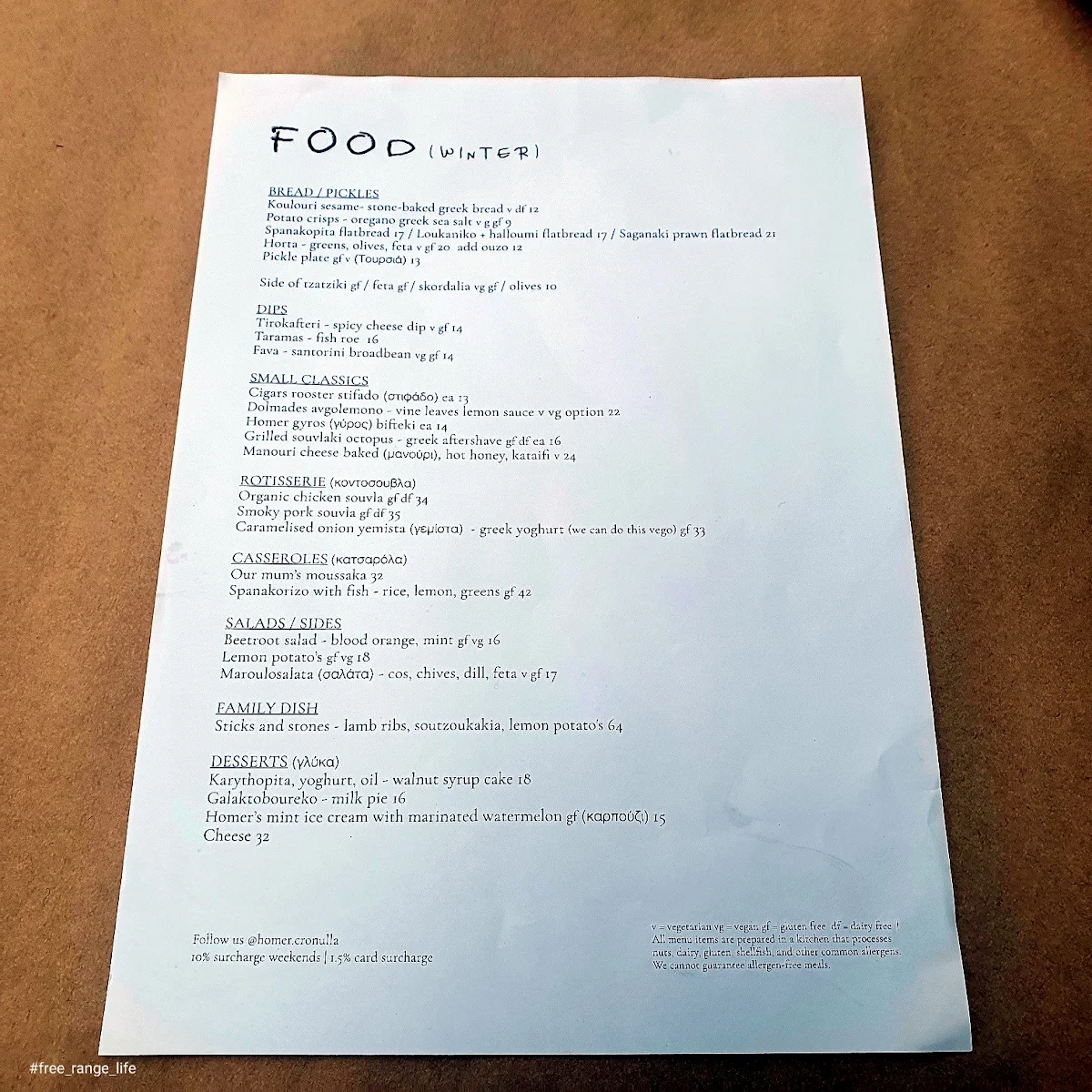 Menu, Homer Rogue Taverna