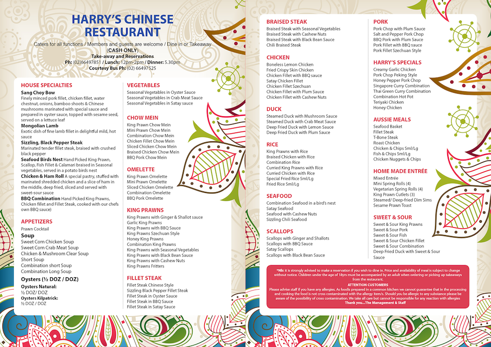 Menu, Harry's Chinese Restaurant