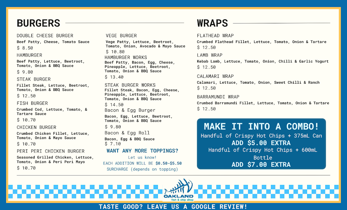 Menu, Oakland Fish and Chips