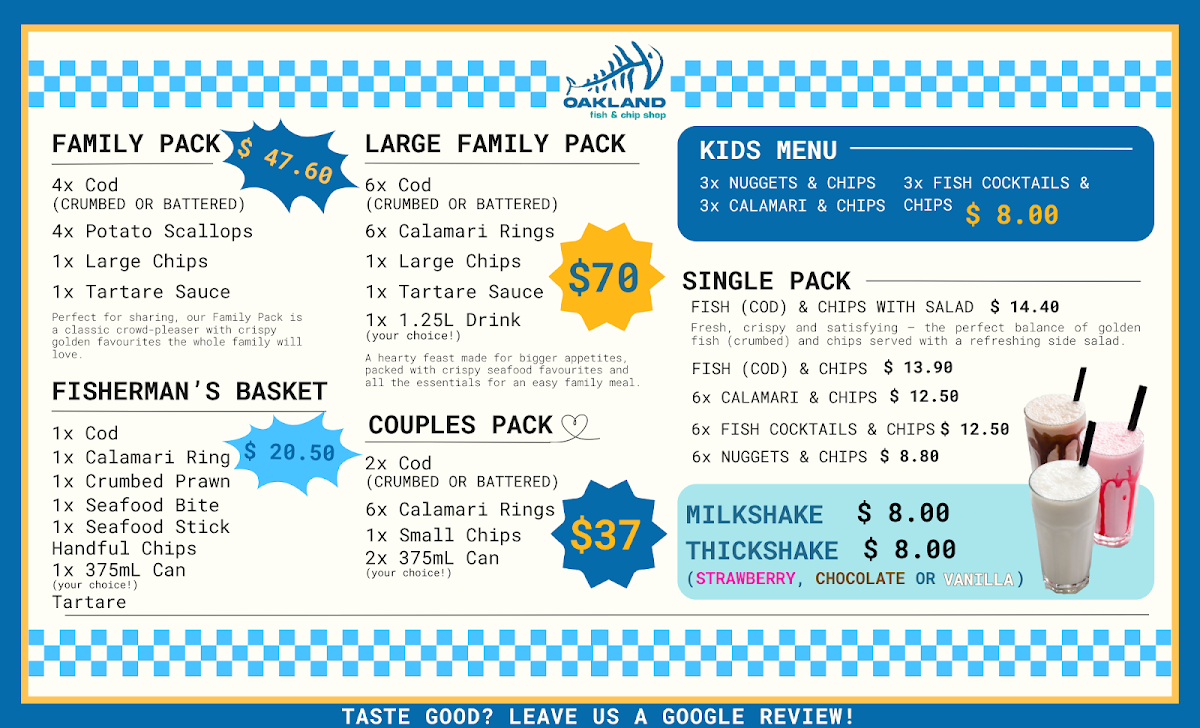 Menu, Oakland Fish and Chips