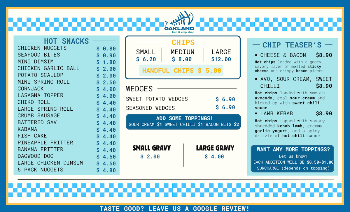 Menu, Oakland Fish and Chips