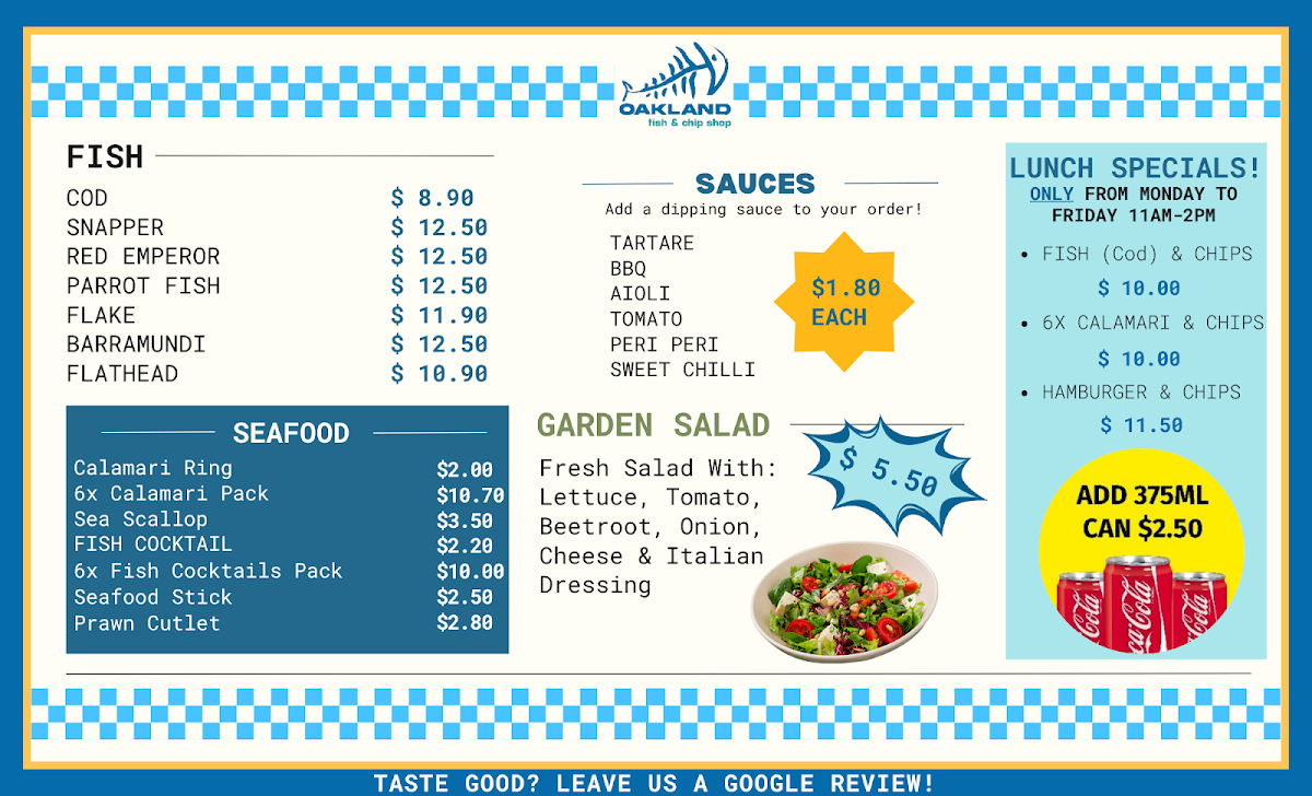 Menu, Oakland Fish and Chips