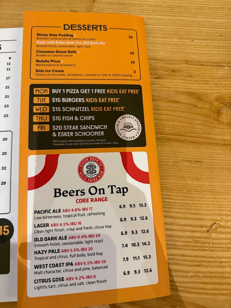 Menu, The Australian Hotel & Brewery