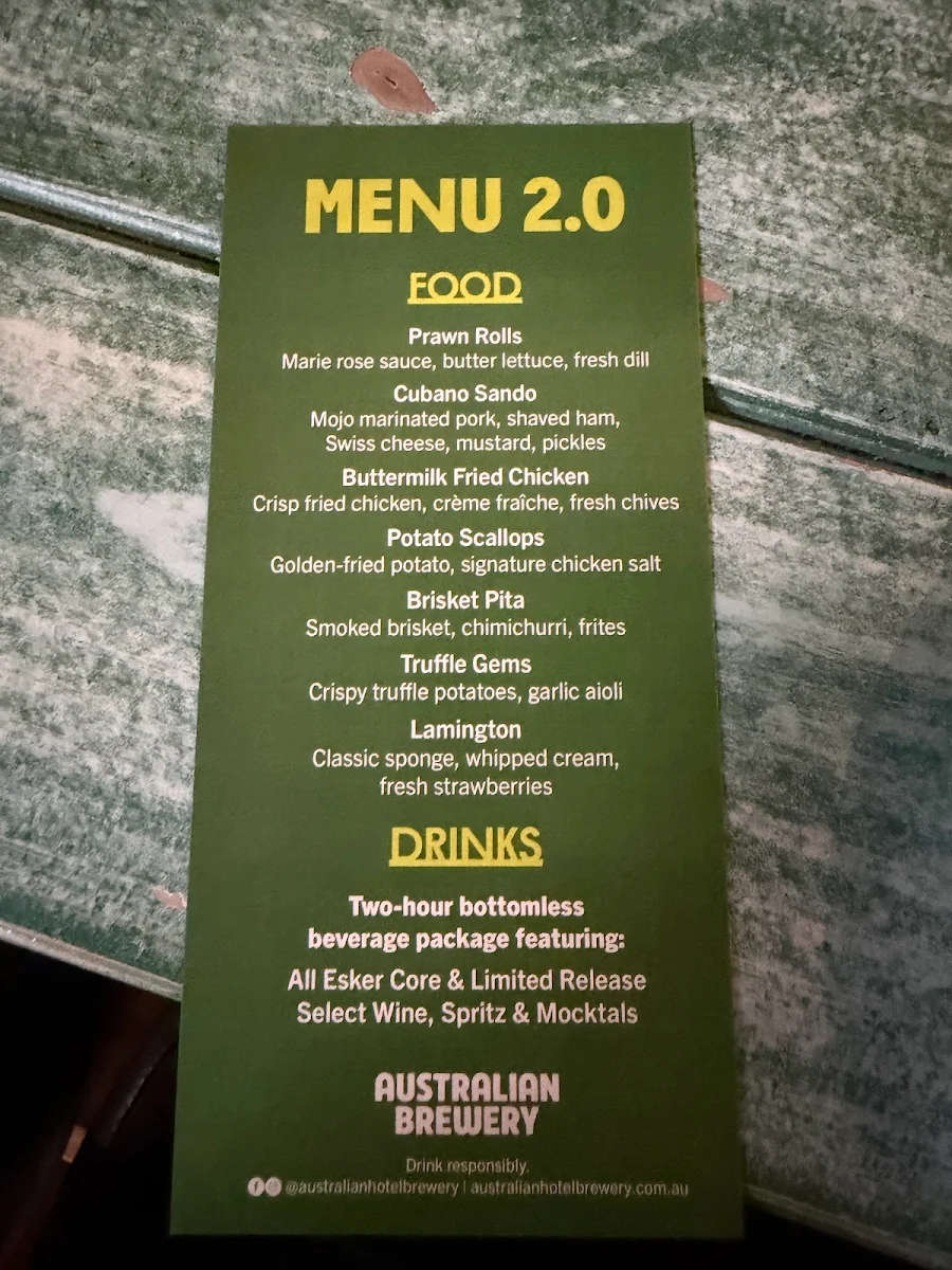 Menu, The Australian Hotel & Brewery