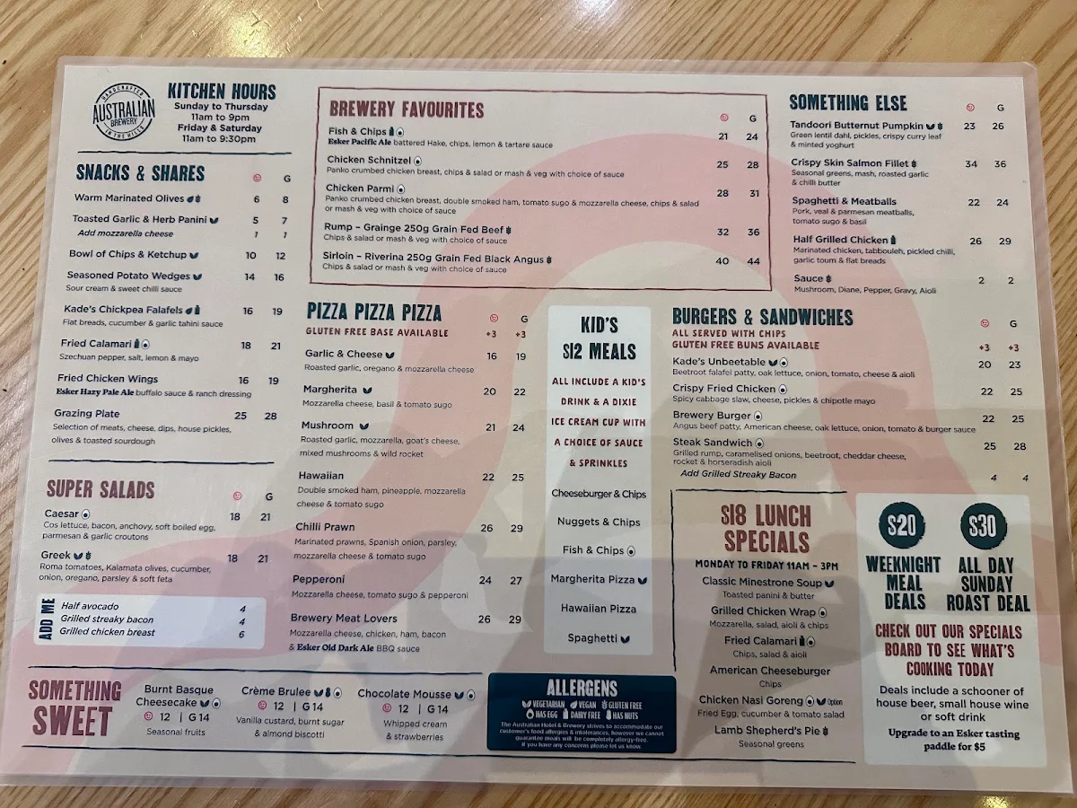 Menu, The Australian Hotel & Brewery