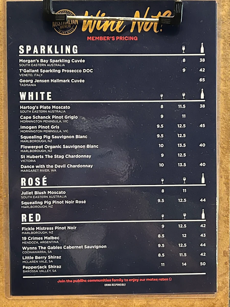 Menu, The Australian Hotel & Brewery