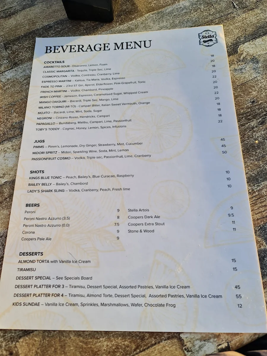 Menu, Stella Restaurant