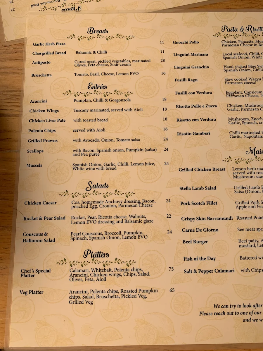 Menu, Stella Restaurant