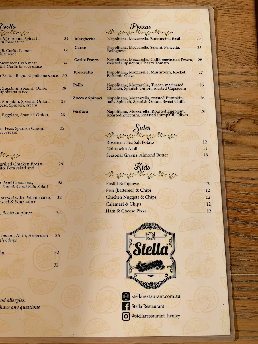 Menu, Stella Restaurant